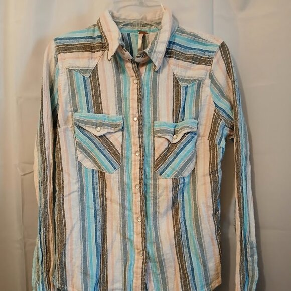 FREE PEOPLE Snap Up Shirt XS Blue Peach Gray Ivory Linen Blend Boho Long sleeve - Picture 2 of 11